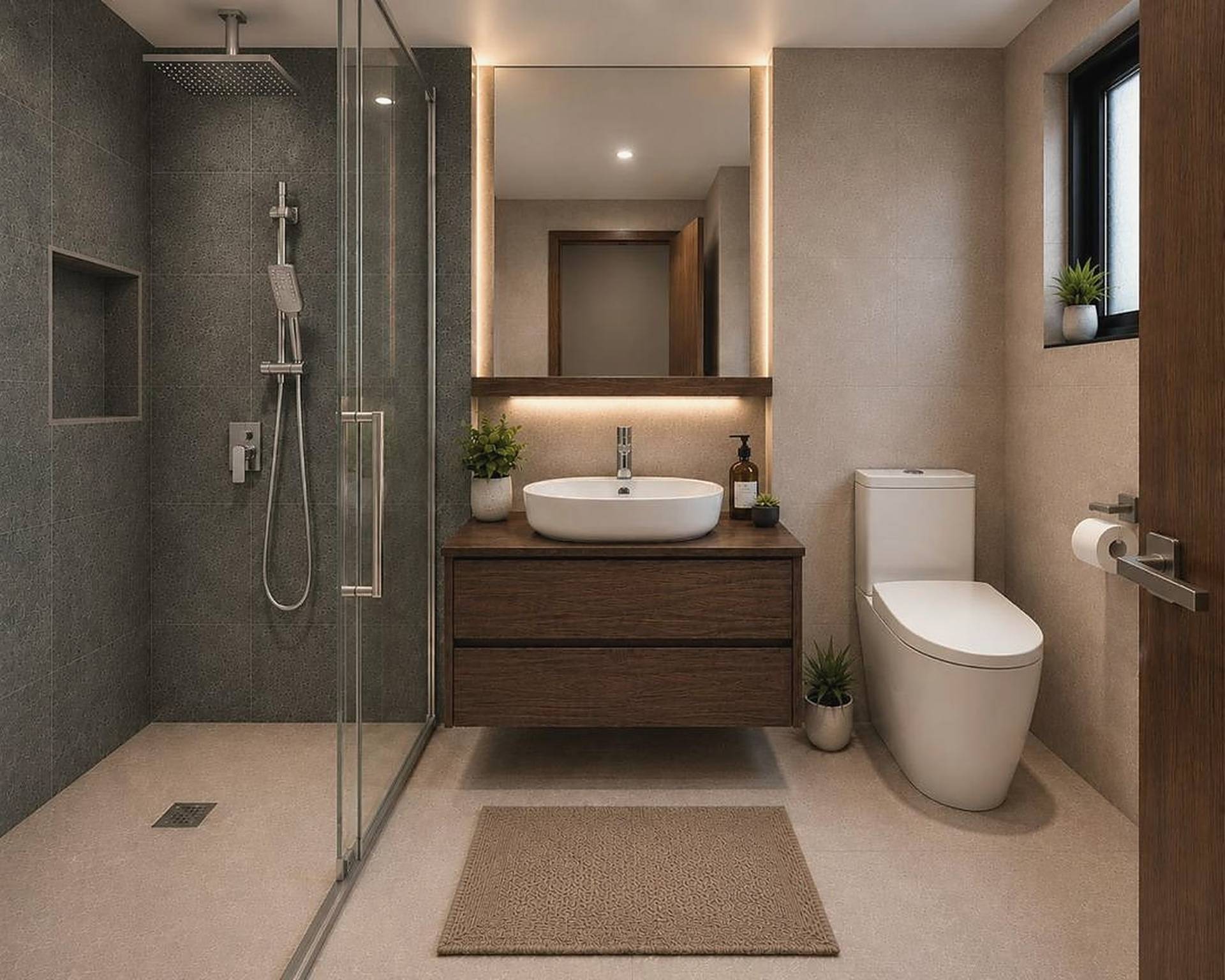 Bathroom with a walk-in glass shower, timber vanity and illuminated mirror