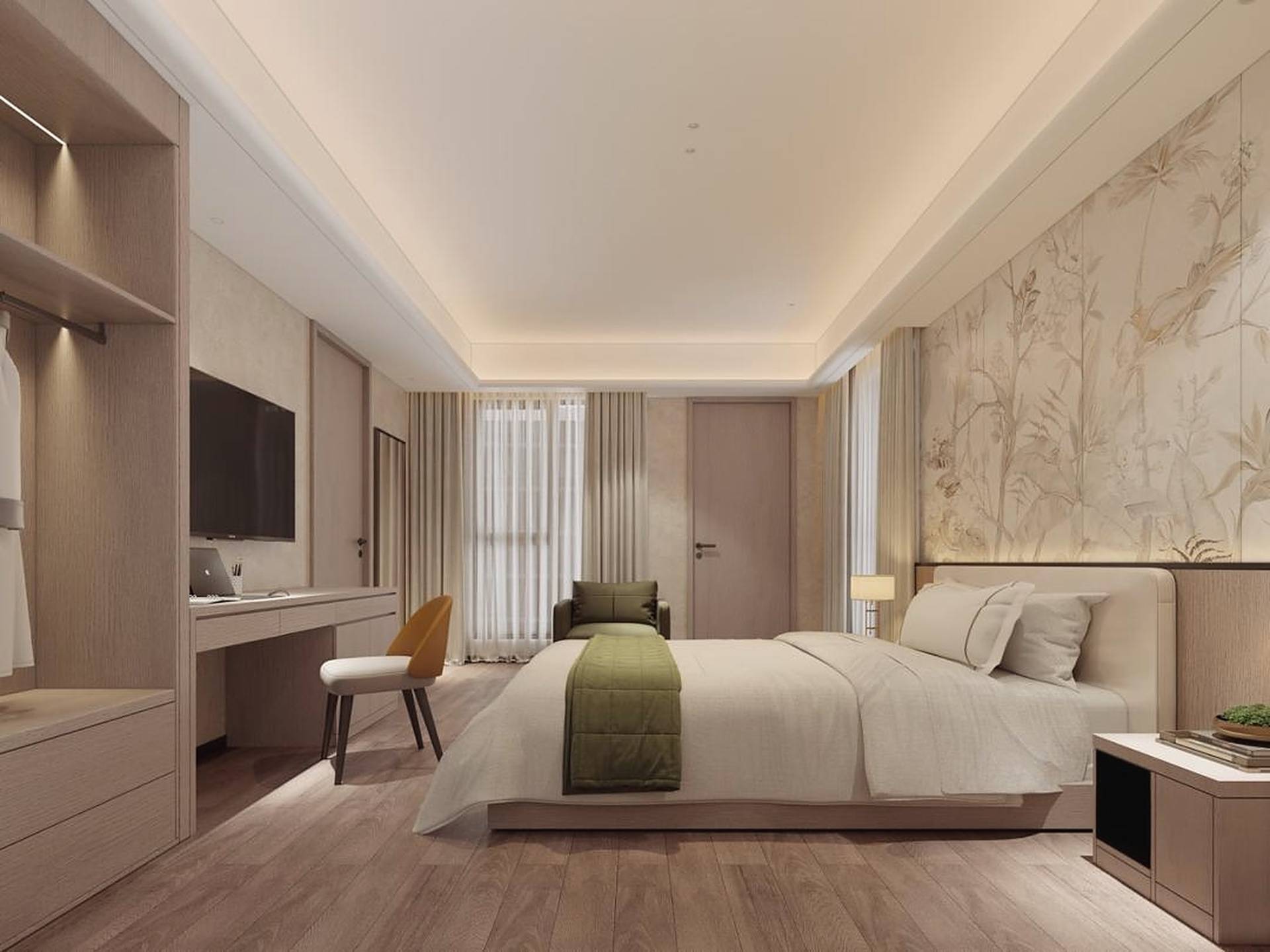 Bedroom with a king bed, olive throw, botanical wall panel and a desk by the curtained window