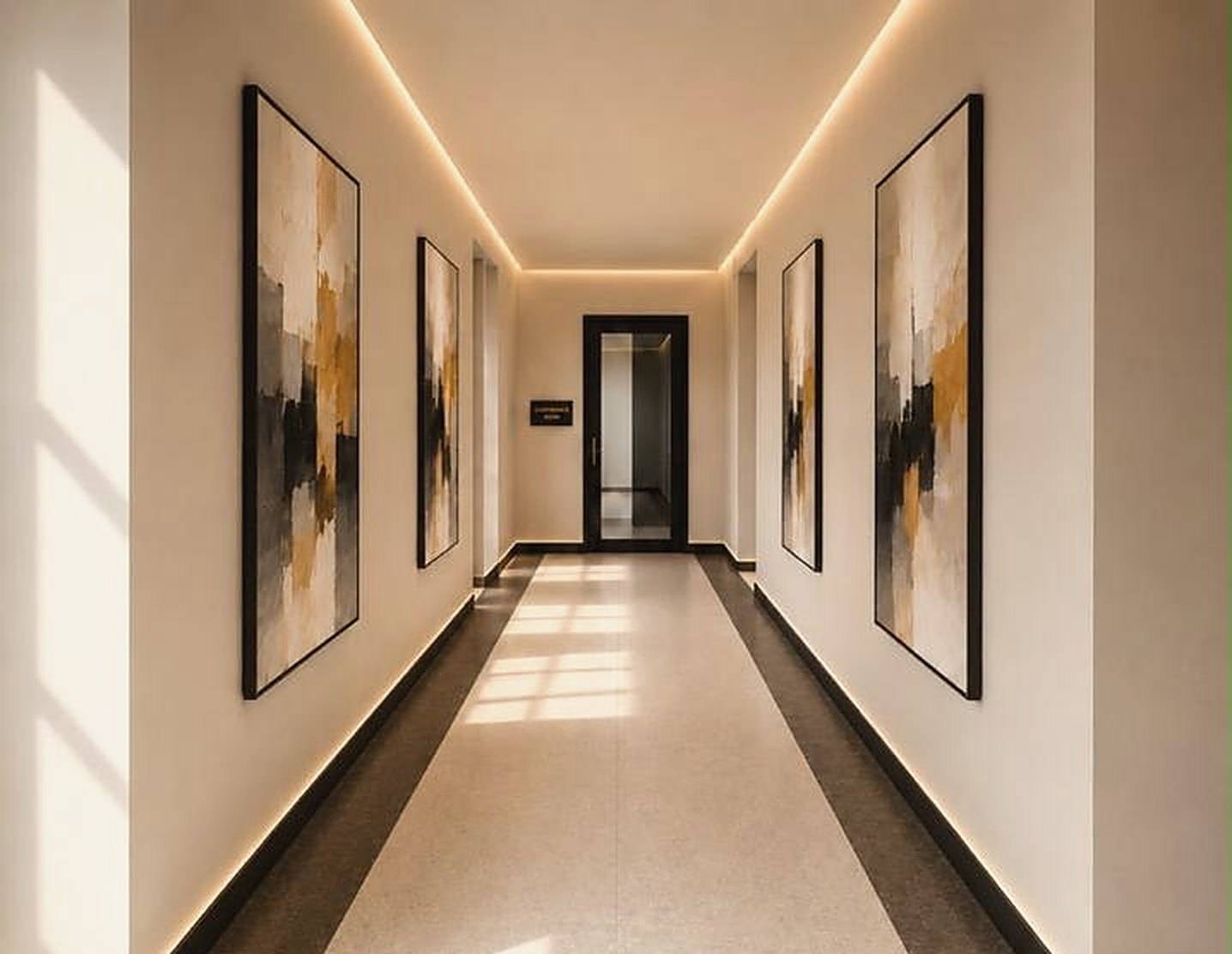 Art-lined corridor with abstract gold and charcoal canvases and a warm-lit floor