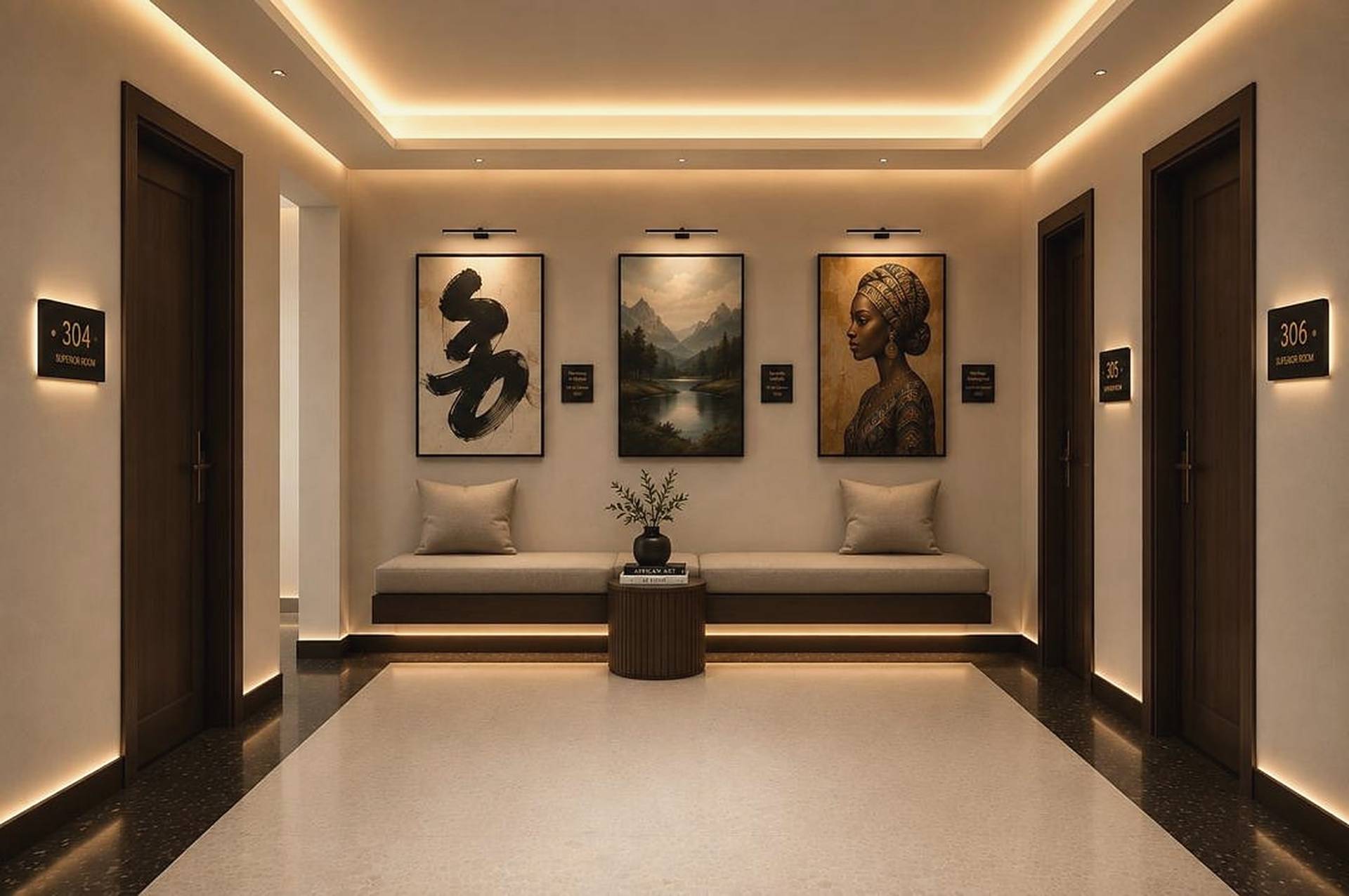 Softly lit corridor with a cushioned bench, framed artwork and dark timber doors