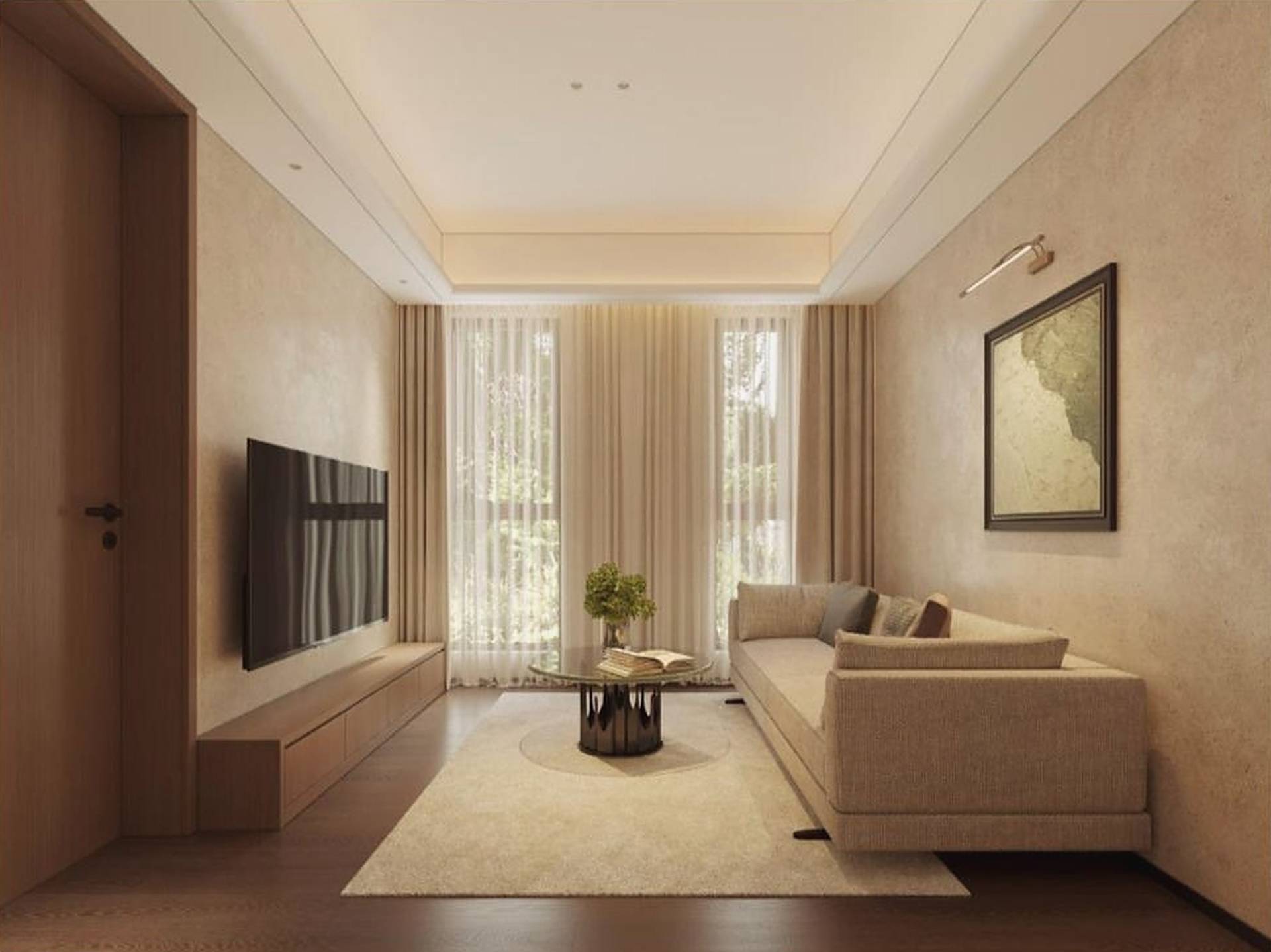 Suite living room with a cream sofa, timber floor and light through sheer curtains