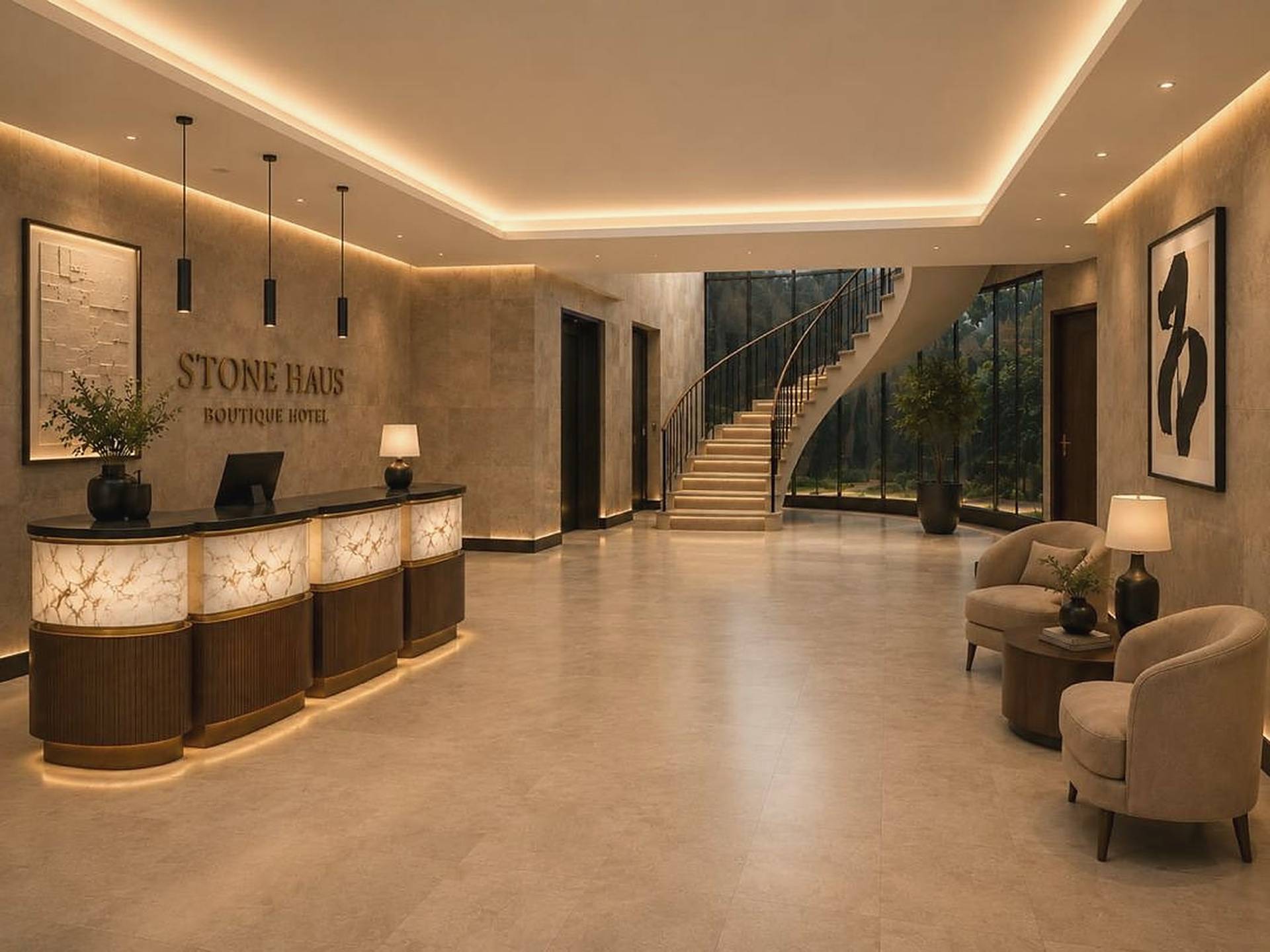 Reception with a backlit stone desk, curved lounge chairs and a sweeping staircase beneath warm cove lighting