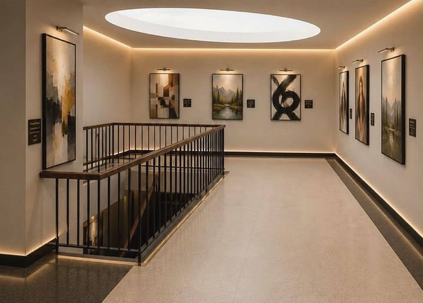 Stairwell landing beneath a circular skylight, with a timber handrail and framed paintings