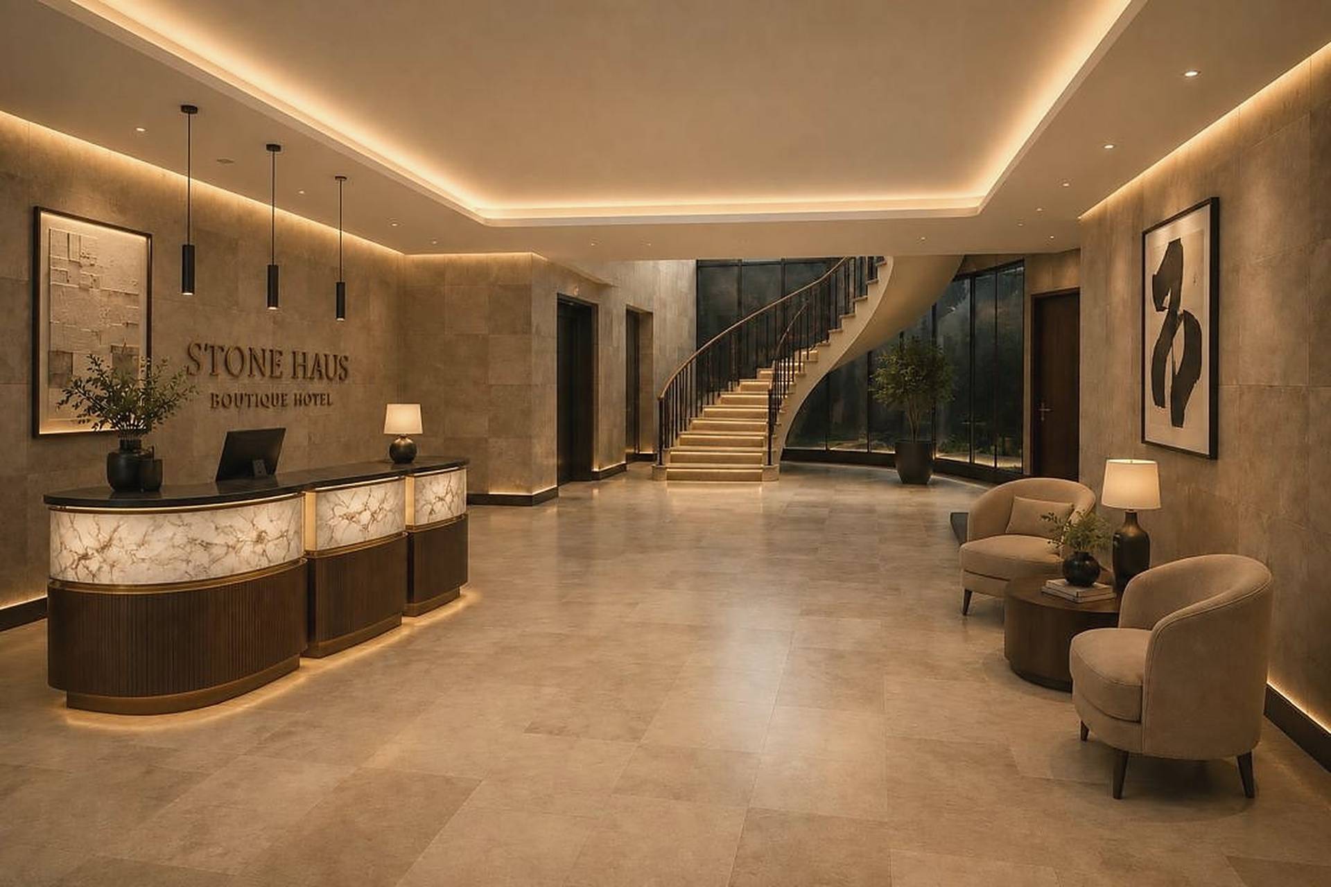 Reception lobby with a backlit marble desk, limestone walls and a curved staircase
